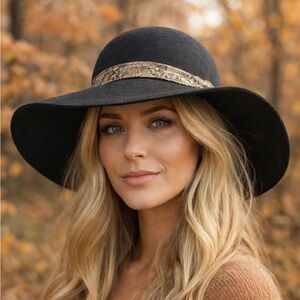 bebe Elegant Black Wool Wide Brimmed Floppy Hat with Gold Accent